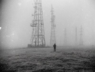 Foggy Radio Towers Black-White Poster. poster