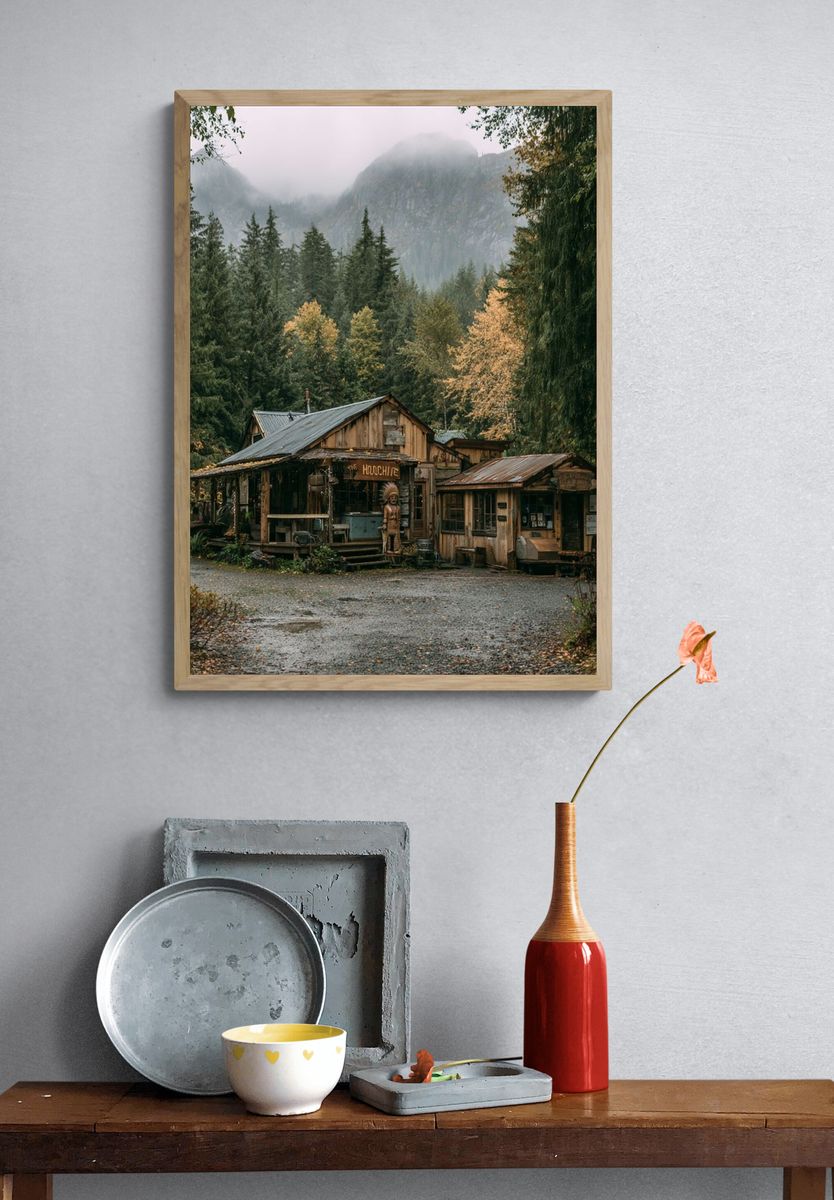 Misty Forest Cabin Photography Poster. — room view 3