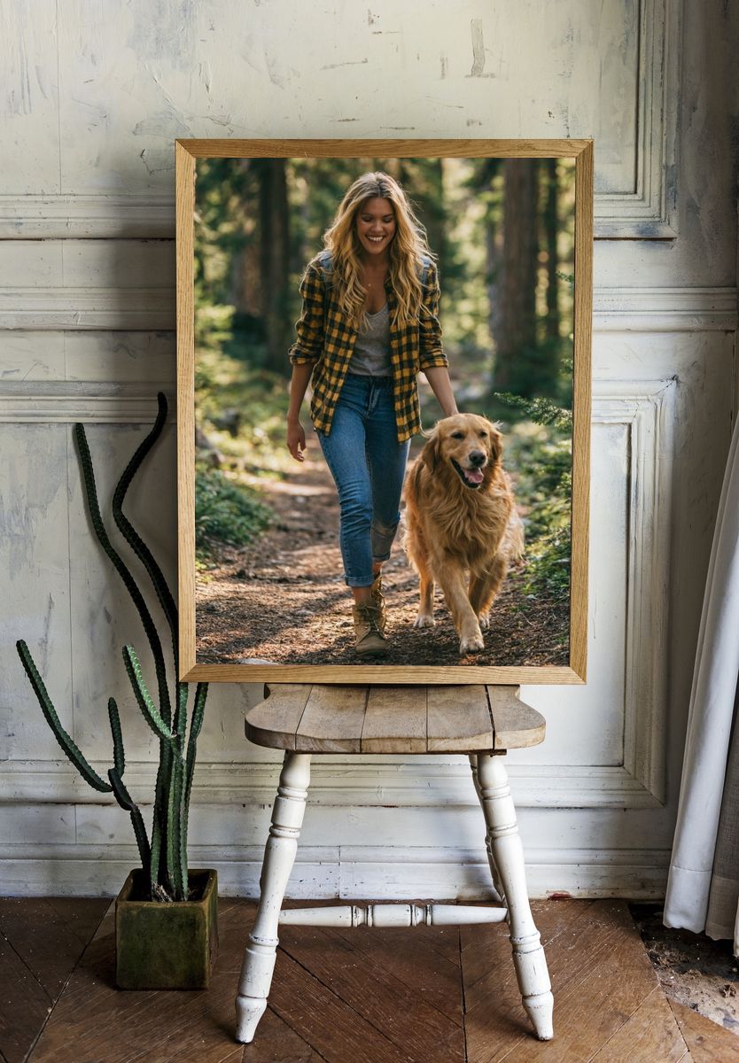 Woman Walking Golden Retriever Forest Poster. room preview