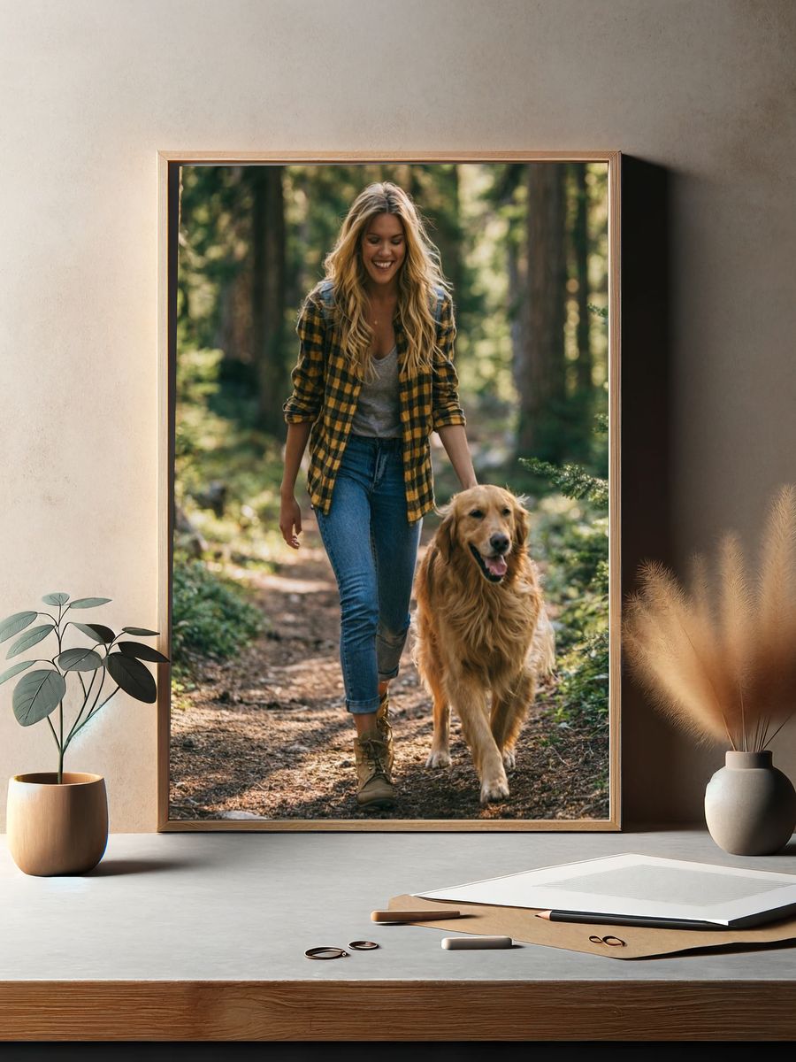 Woman Walking Golden Retriever Forest Poster. — room view 2