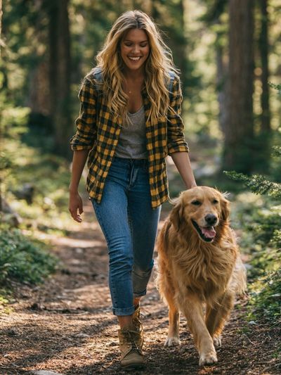 Woman Walking Golden Retriever Forest Poster. poster print