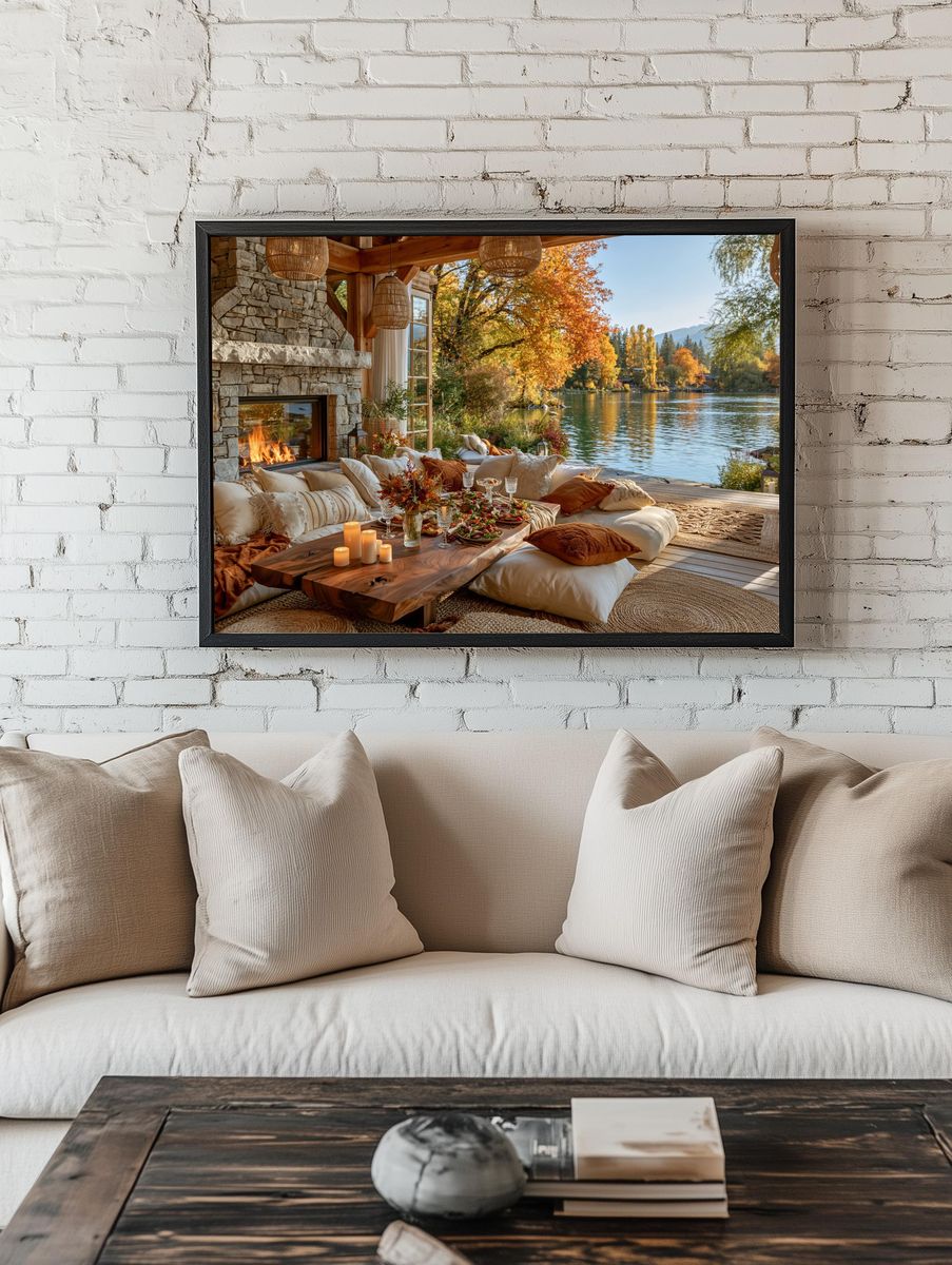 Autumn Lakeside Cabin Photography Poster. — room view 1