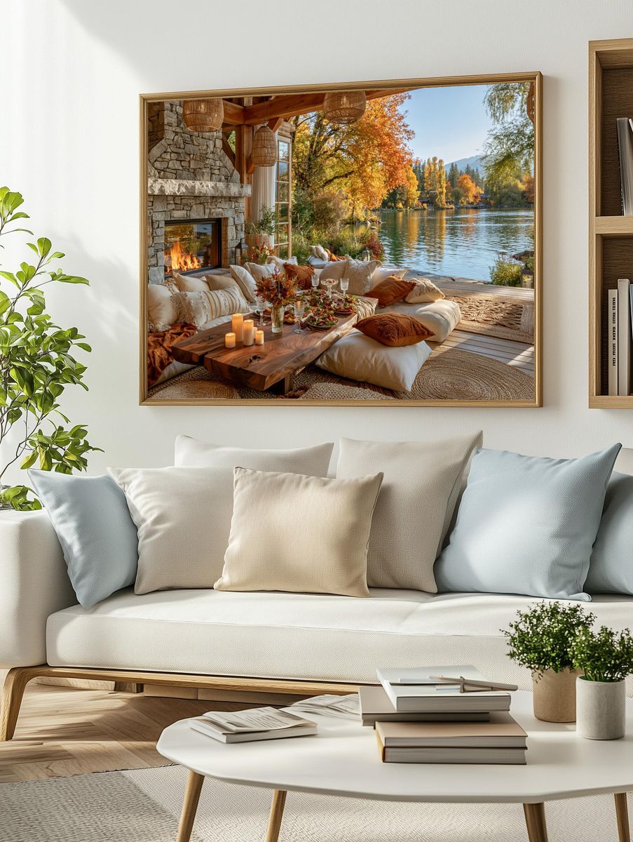 Autumn Lakeside Cabin Photography Poster. — room view 2