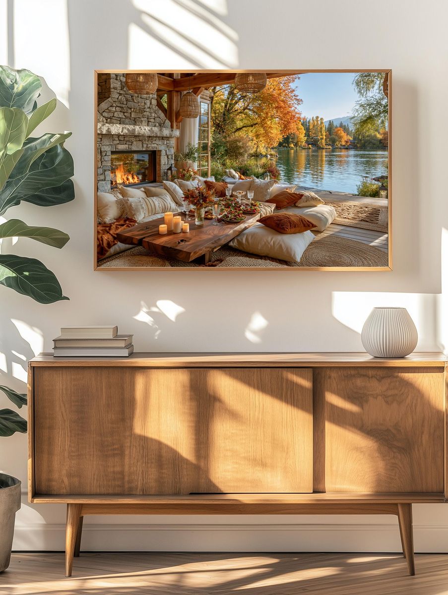 Autumn Lakeside Cabin Photography Poster. — room view 3