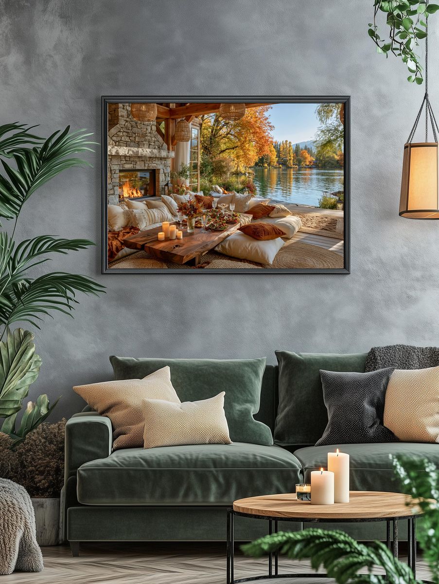 Autumn Lakeside Cabin Photography Poster. — room view 4