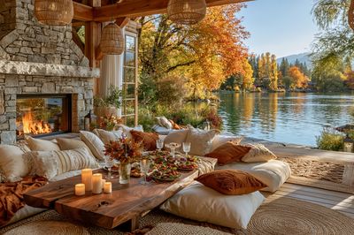 Autumn Lakeside Cabin Photography Poster. poster