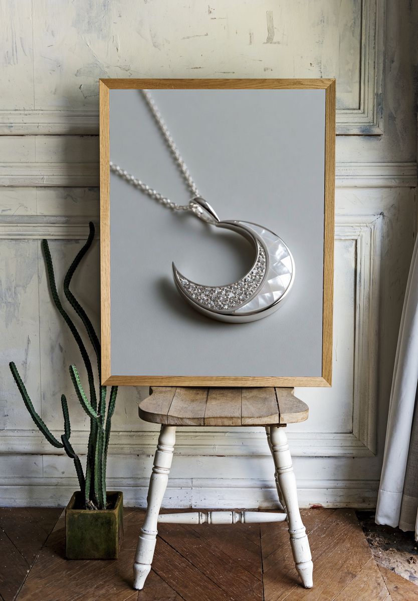 Silver Crescent Necklace Photography Poster. room preview