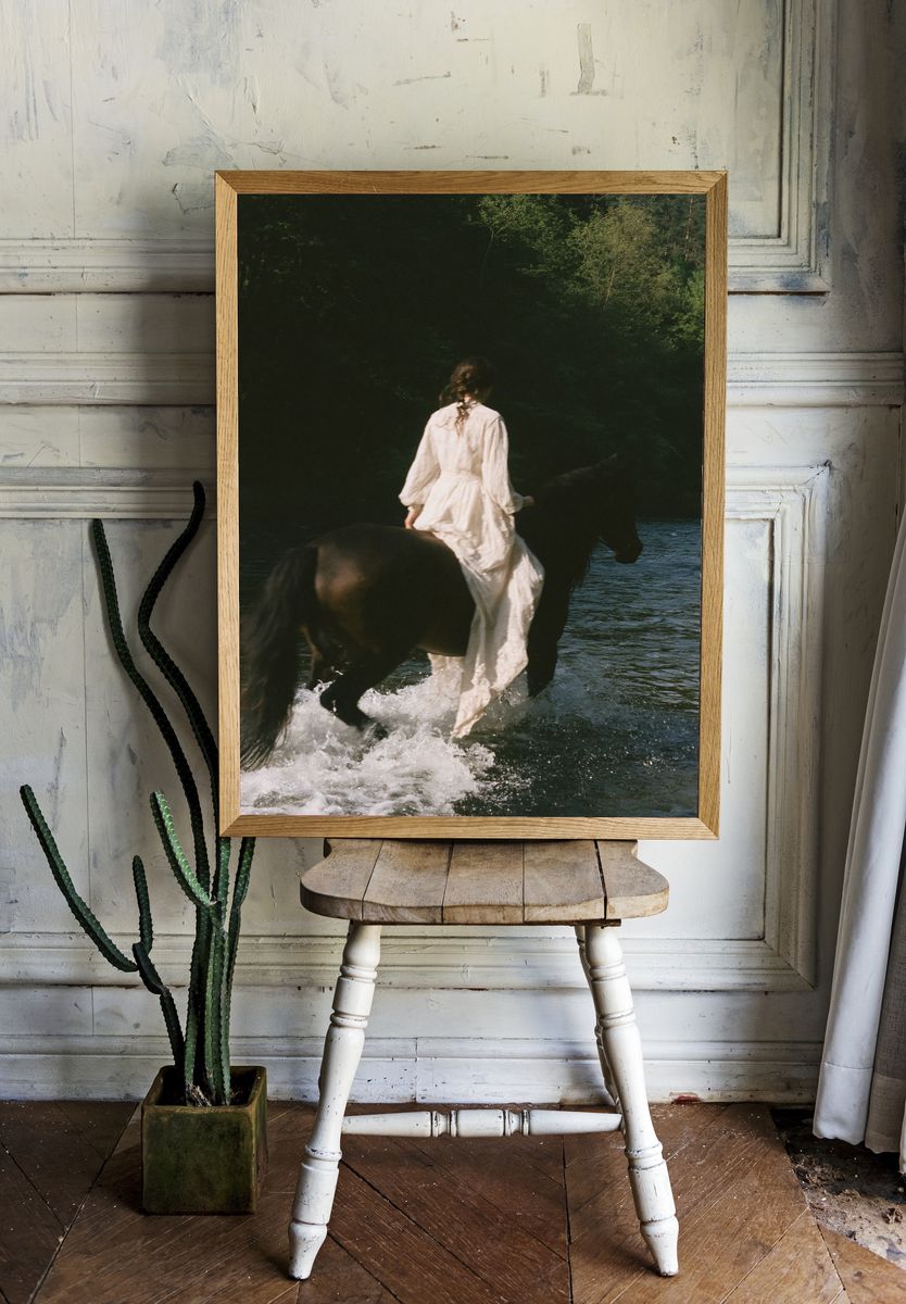 Woman on Horse in River Photography Poster. — room view 1