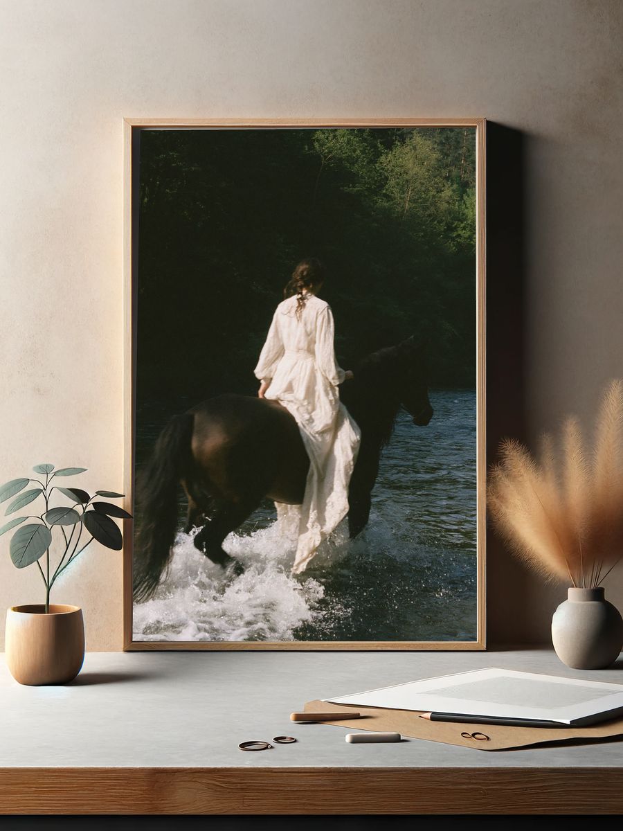 Woman on Horse in River Photography Poster. — room view 2
