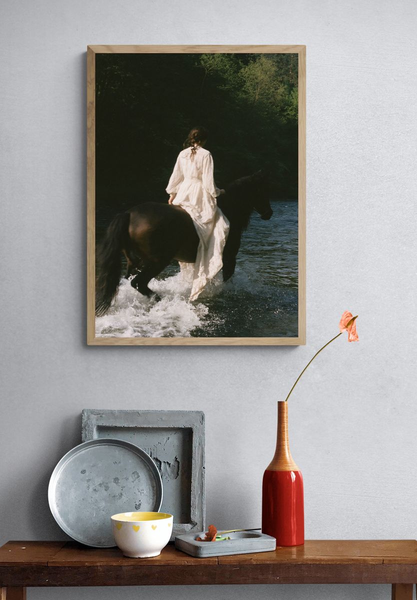 Woman on Horse in River Photography Poster. — room view 3