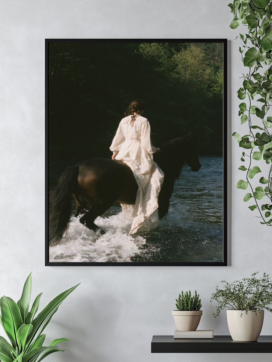 Woman on Horse in River Photography Poster. — room view 4