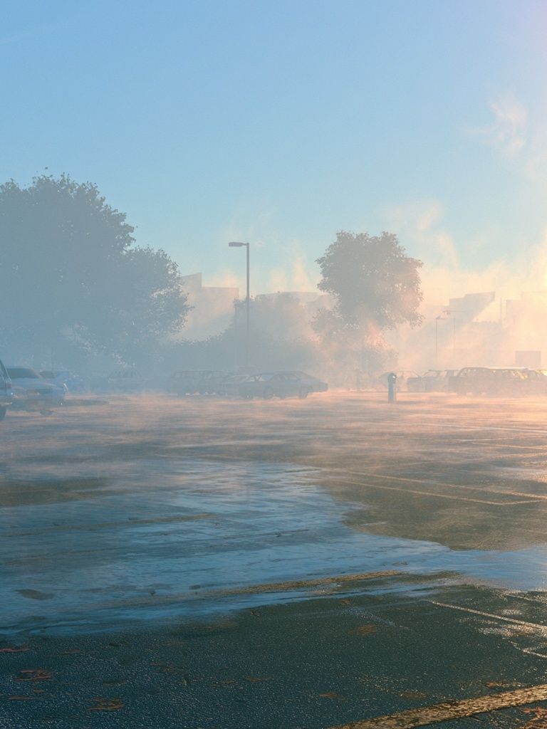 Misty Parking Lot Sunrise Poster. poster detail
