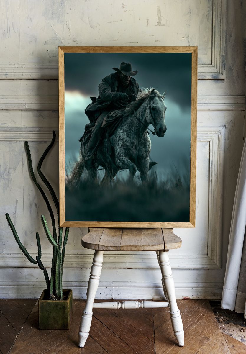 Cowboy on Horse Photography Poster. — room view 1