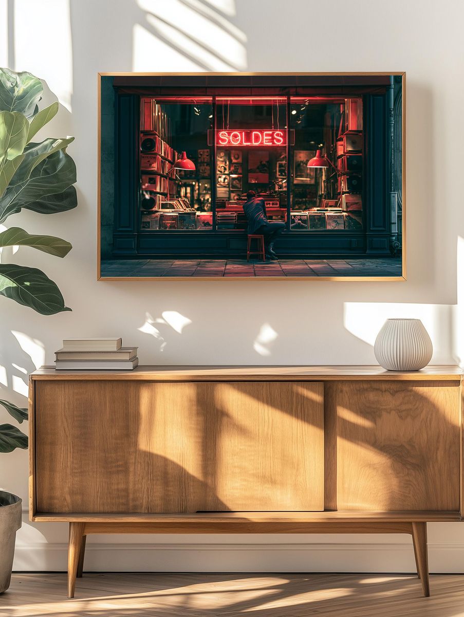 Neon Record Shop Street Photography Poster. — room view 3