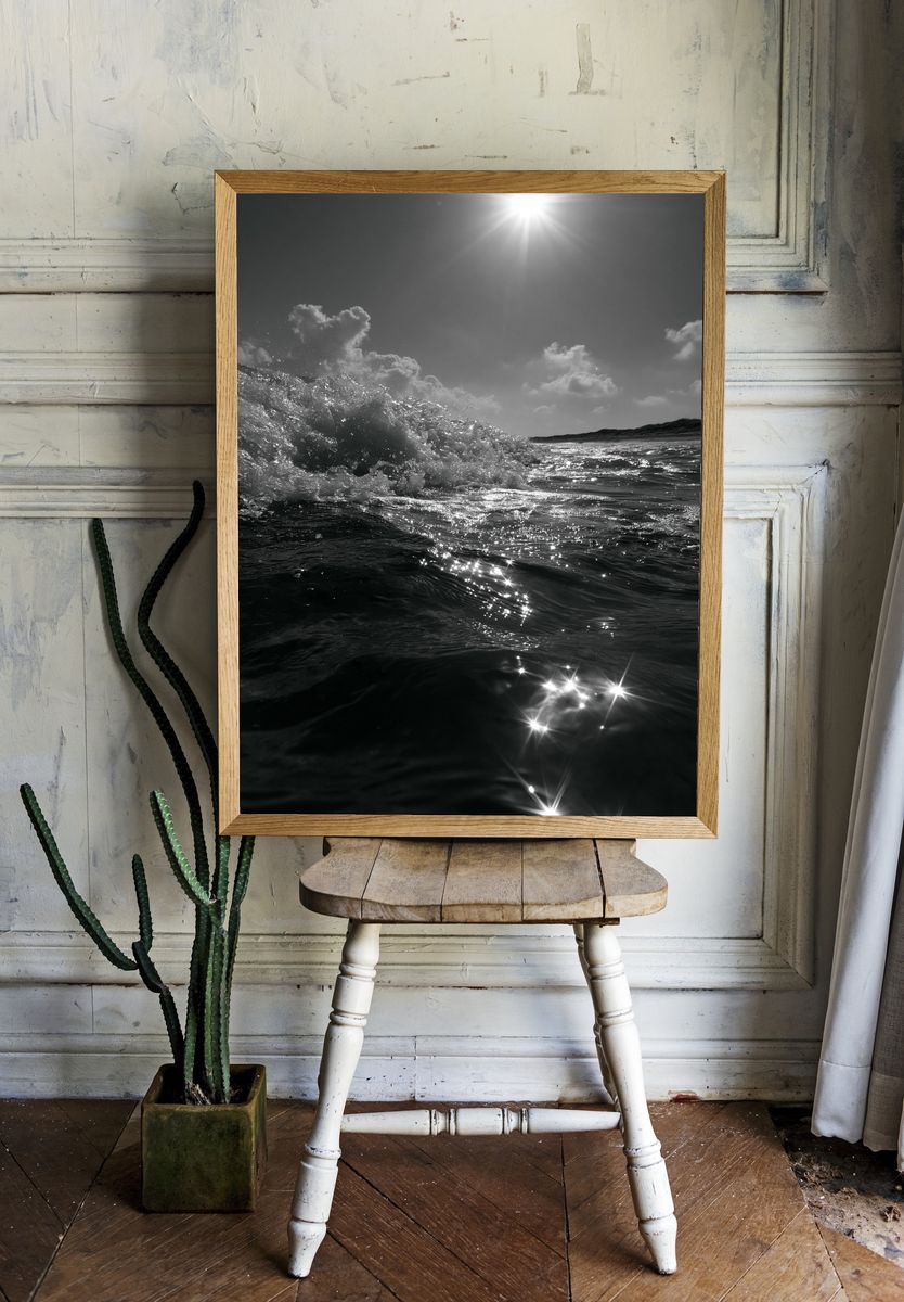 Sunlit Ocean Wave Photography Poster. — room view 1
