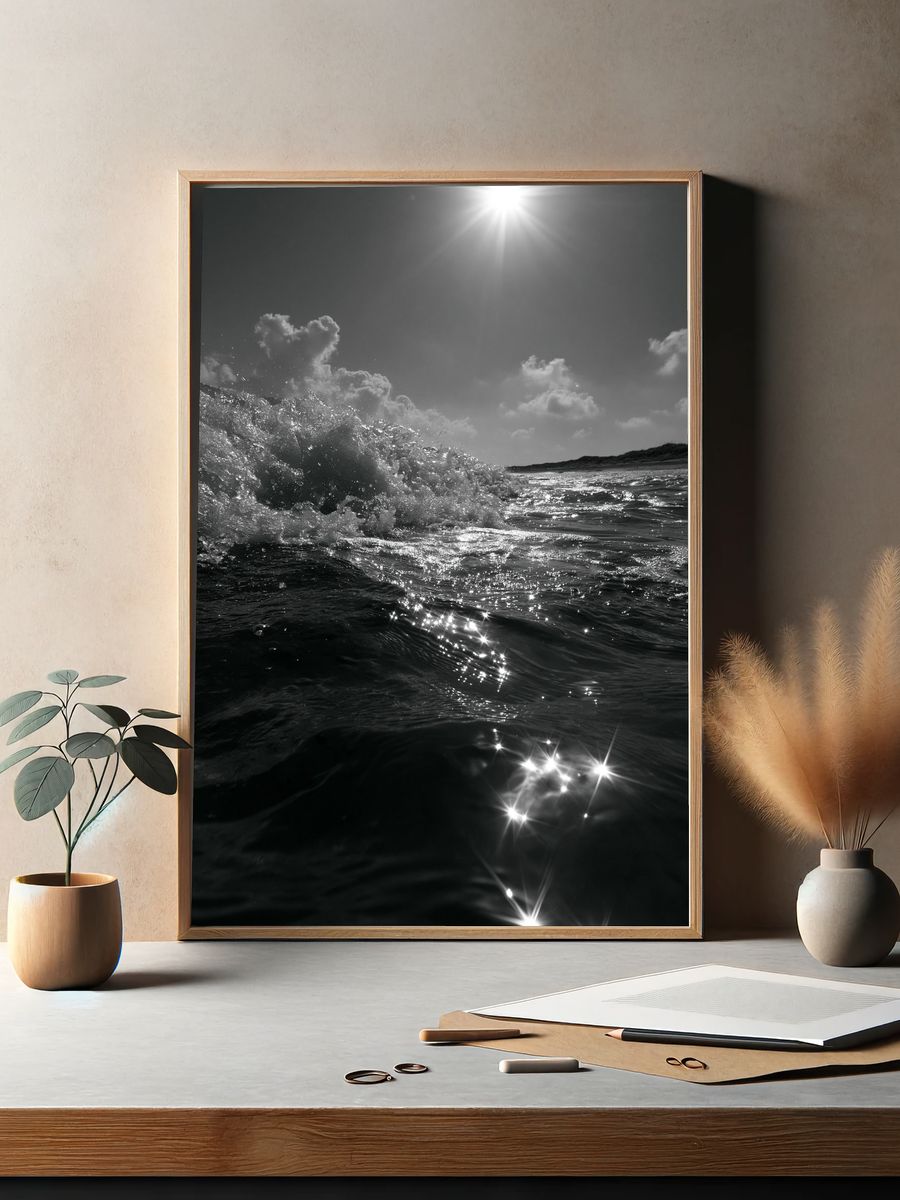 Sunlit Ocean Wave Photography Poster. — room view 2