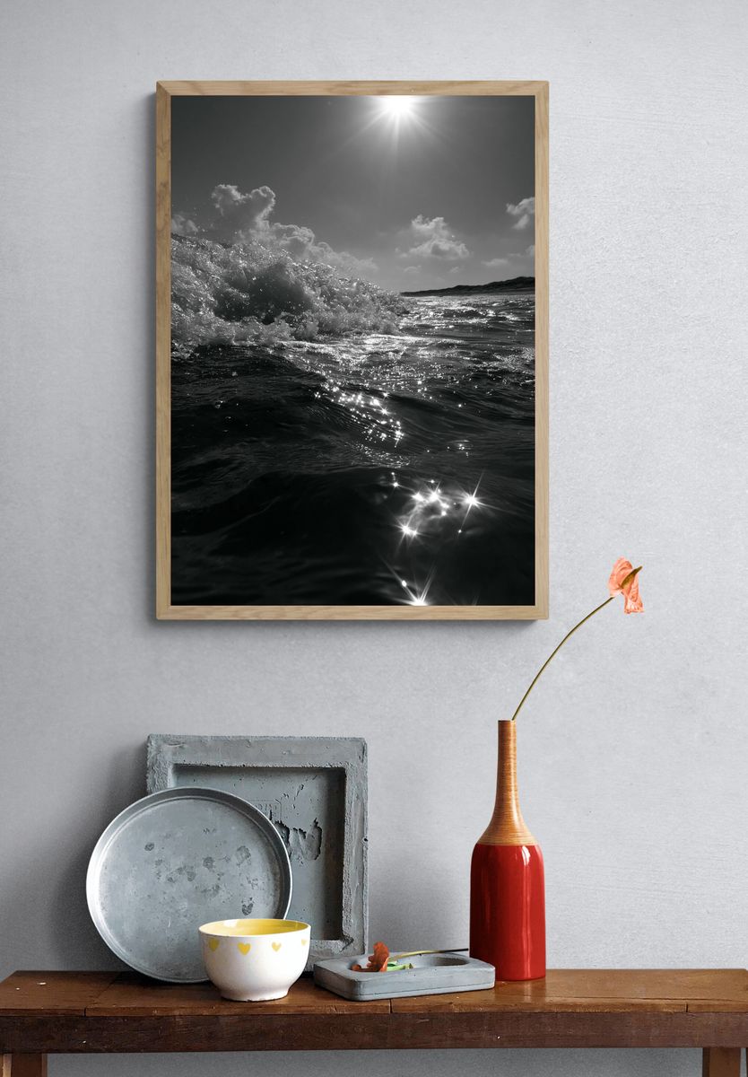 Sunlit Ocean Wave Photography Poster. — room view 3
