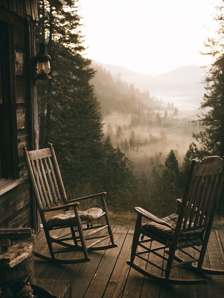 Misty Cabin Porch Landscape Poster. poster detail