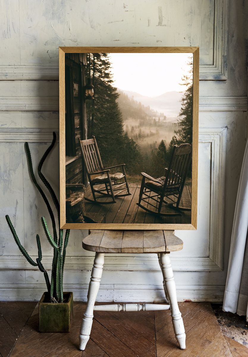 Misty Cabin Porch Landscape Poster. room preview