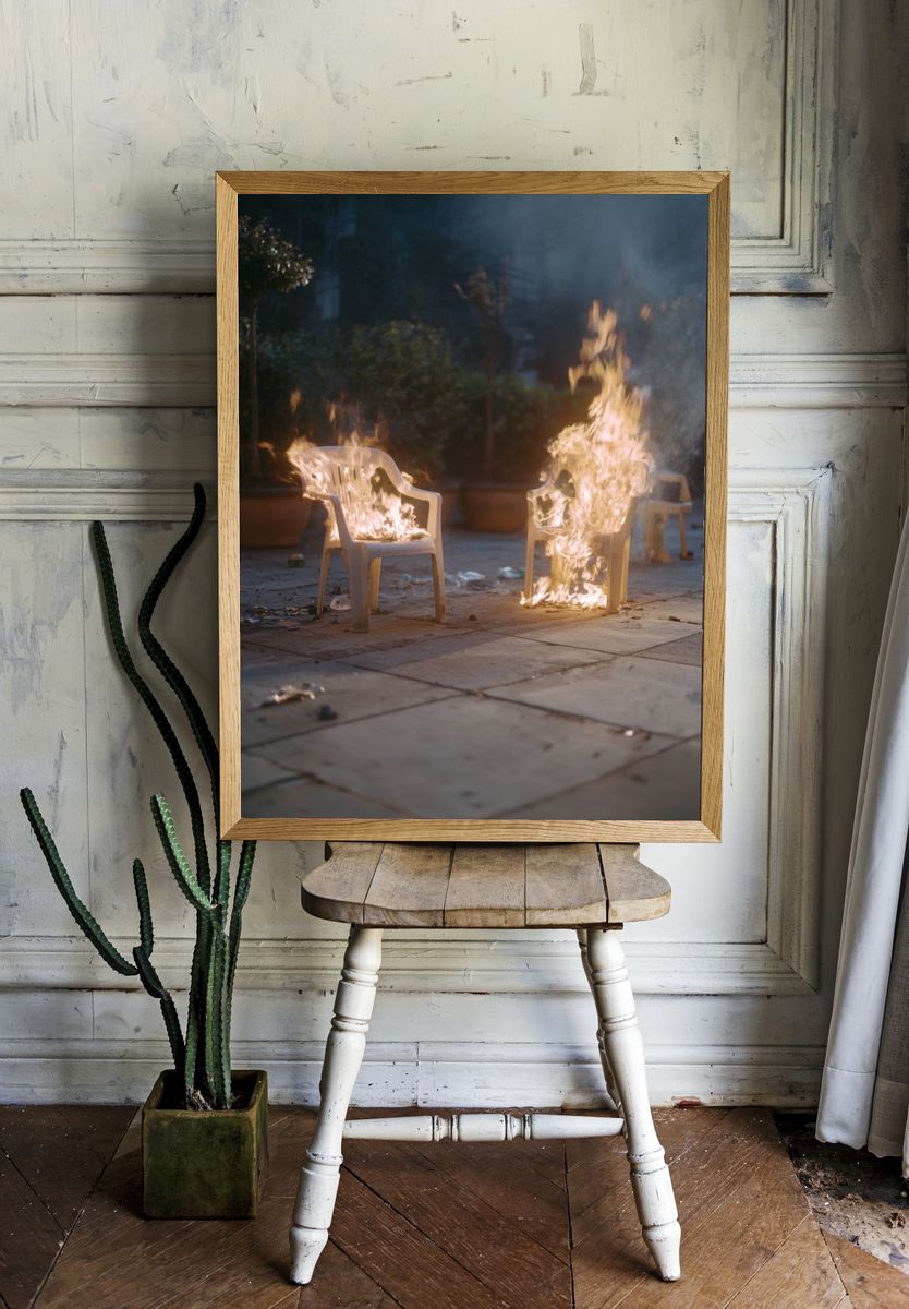 Burning Chairs Photography Poster. — room view 1
