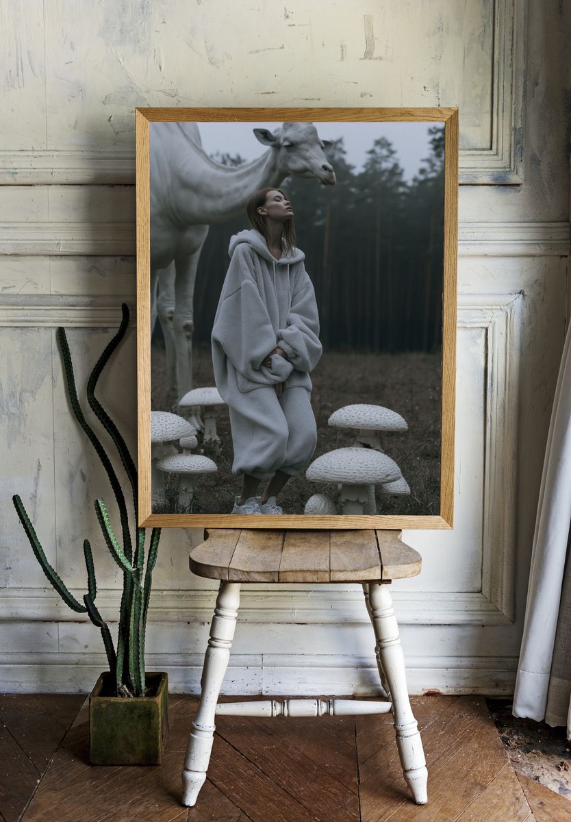 Surreal Forest Giraffe Photography Poster. room preview