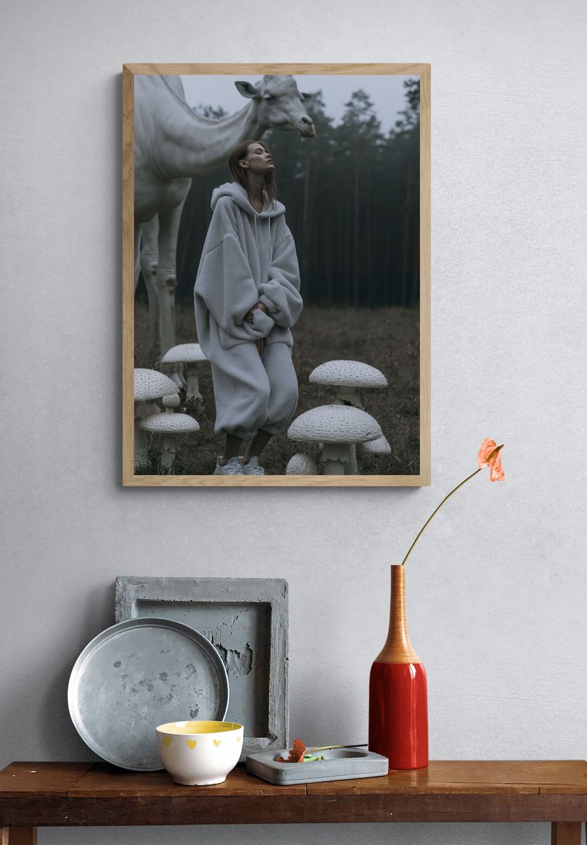 Surreal Forest Giraffe Photography Poster. — room view 3