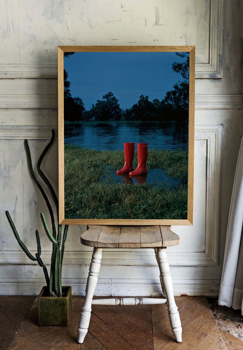 Red Rain Boots by the Lake Poster. room preview