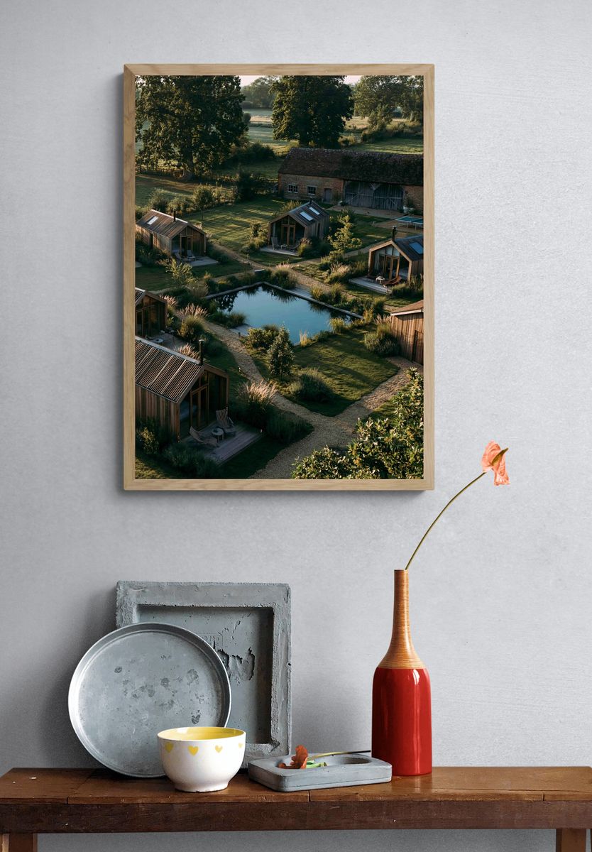 Countryside Cabins at Dawn Photography Poster. — room view 3