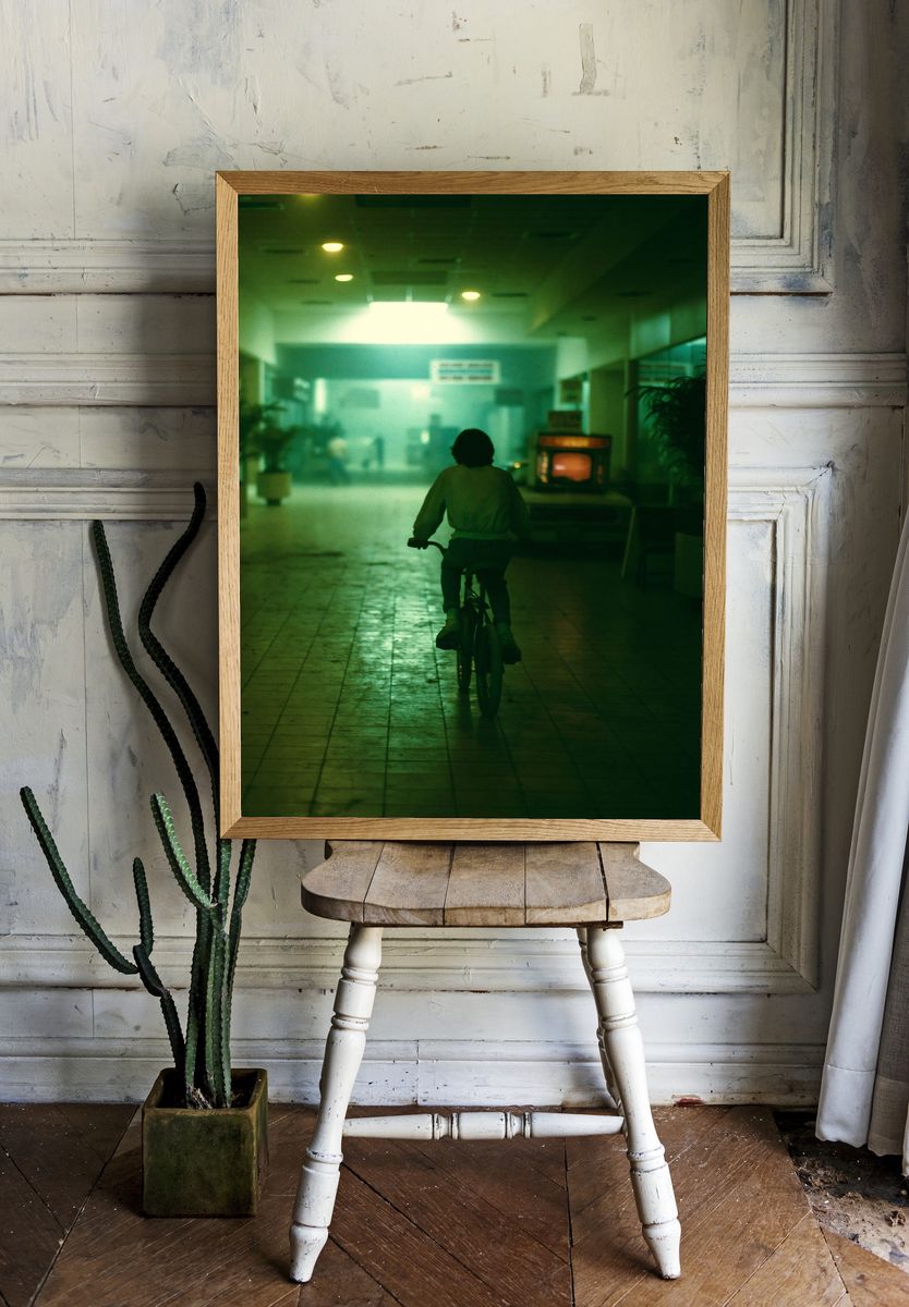 Cyclist in Neon Corridor Photography Poster. — room view 1