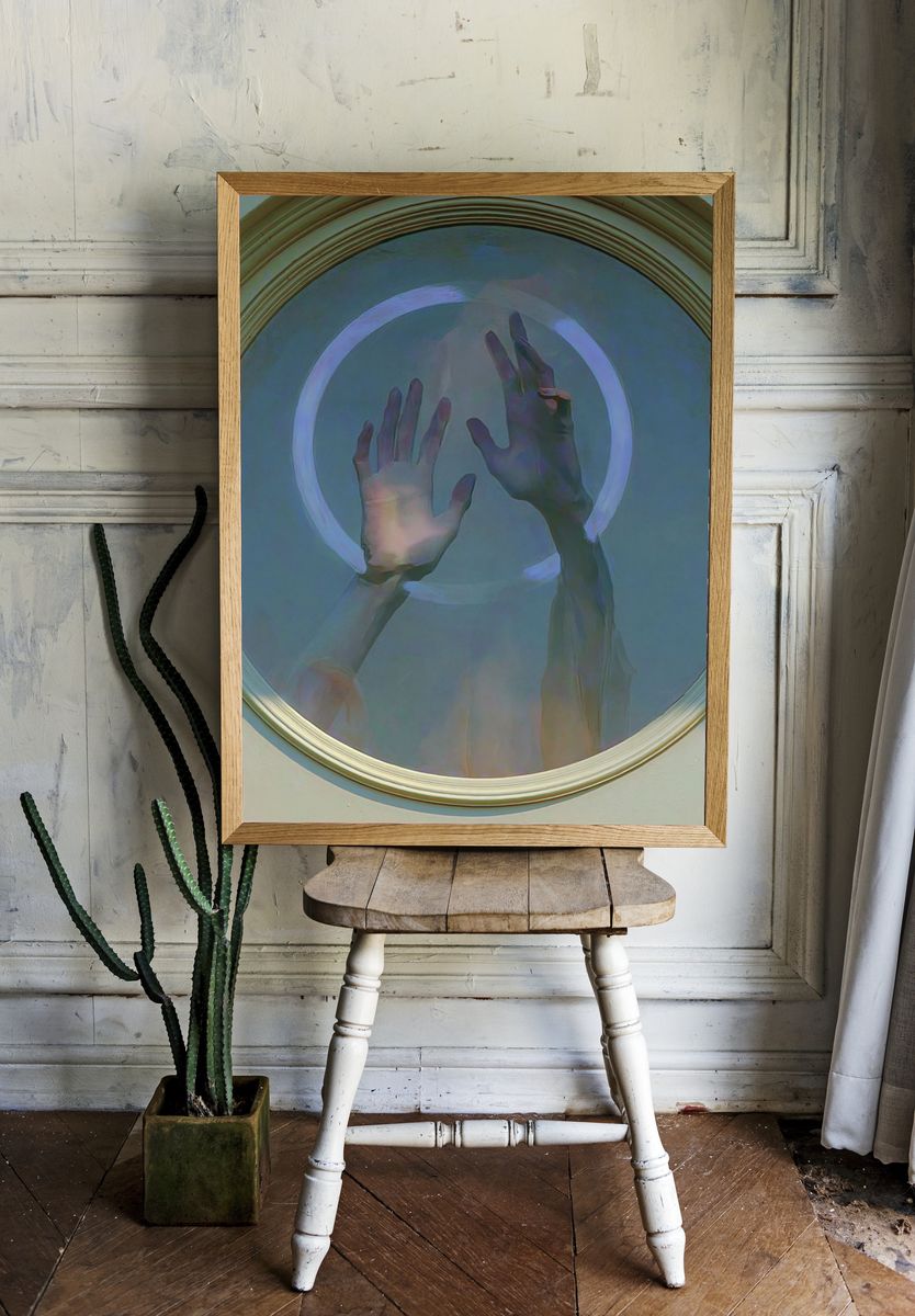 Hands in Neon Circle Photography Poster. room preview