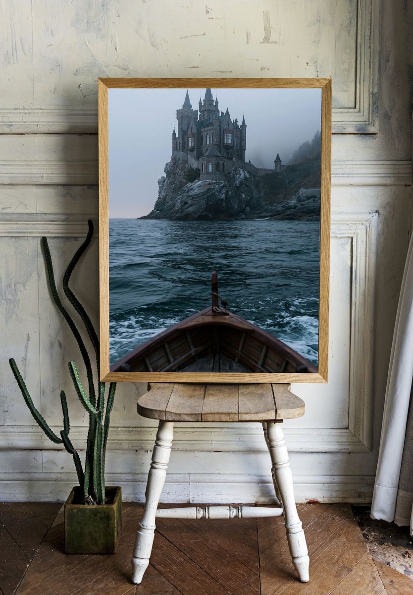 Foggy Castle Seascape Photography Poster. — room view 1