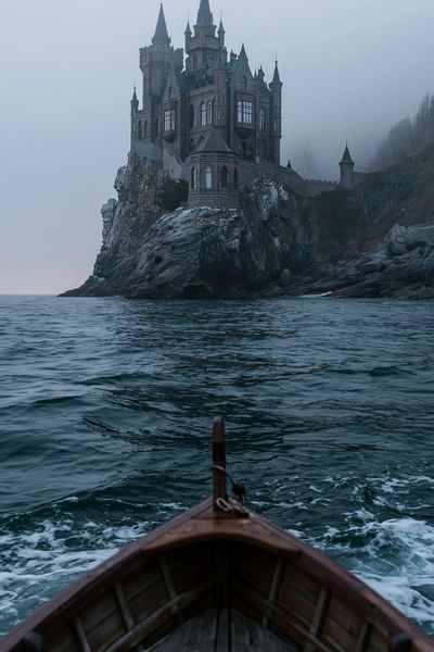 Foggy Castle Seascape Photography Poster. poster
