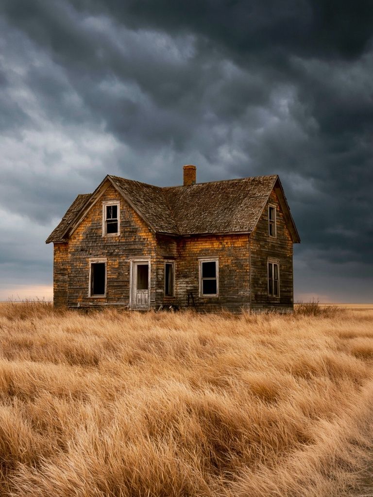 Abandoned House in Stormy Field Poster. poster — photography art
