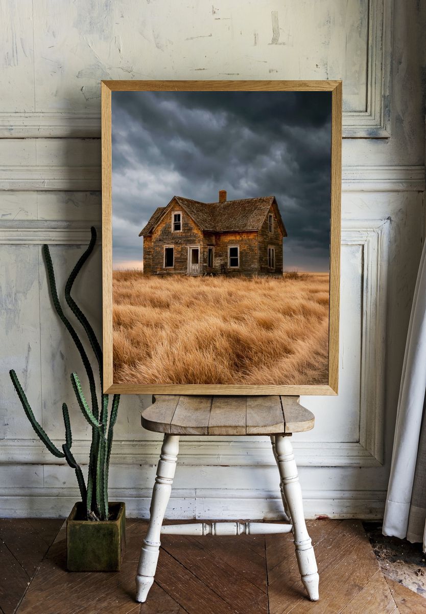 Abandoned House in Stormy Field Poster. room preview
