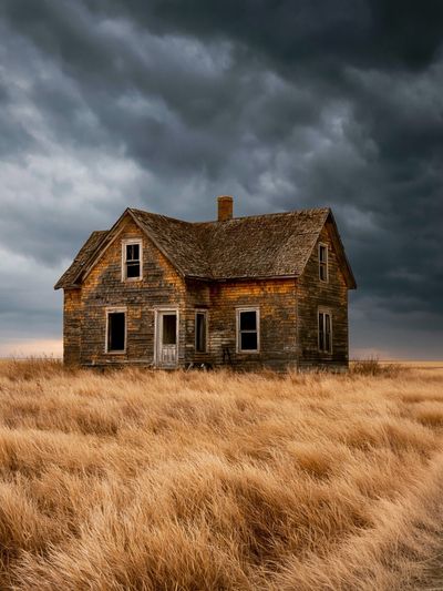 Abandoned House in Stormy Field Poster. poster