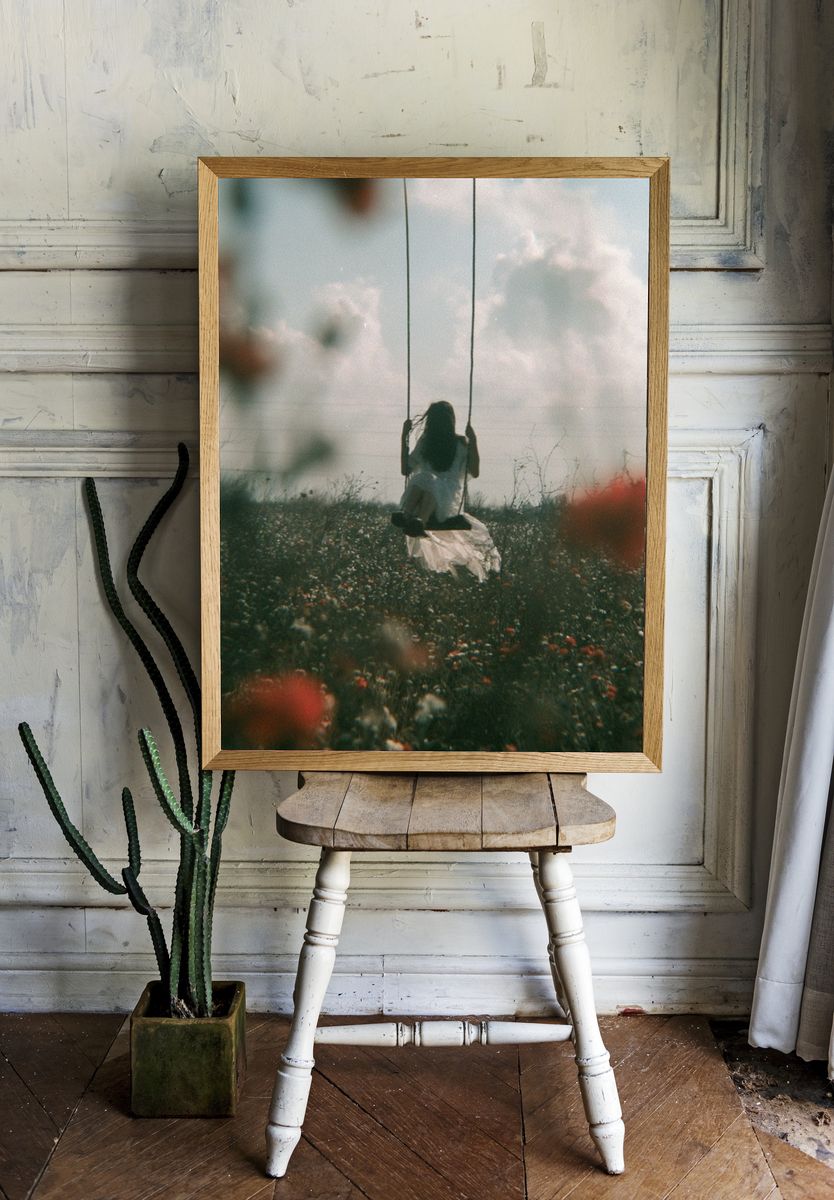 Girl on Swing Field Photography Poster. — room view 1