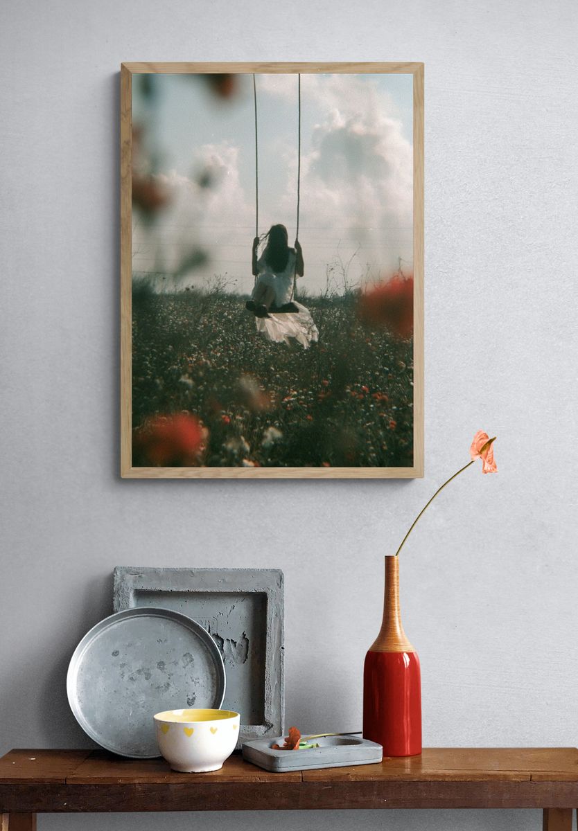 Girl on Swing Field Photography Poster. — room view 3