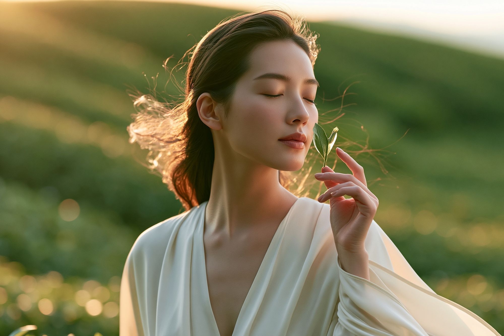 Serene Woman in Sunlit Meadow Poster. poster detail