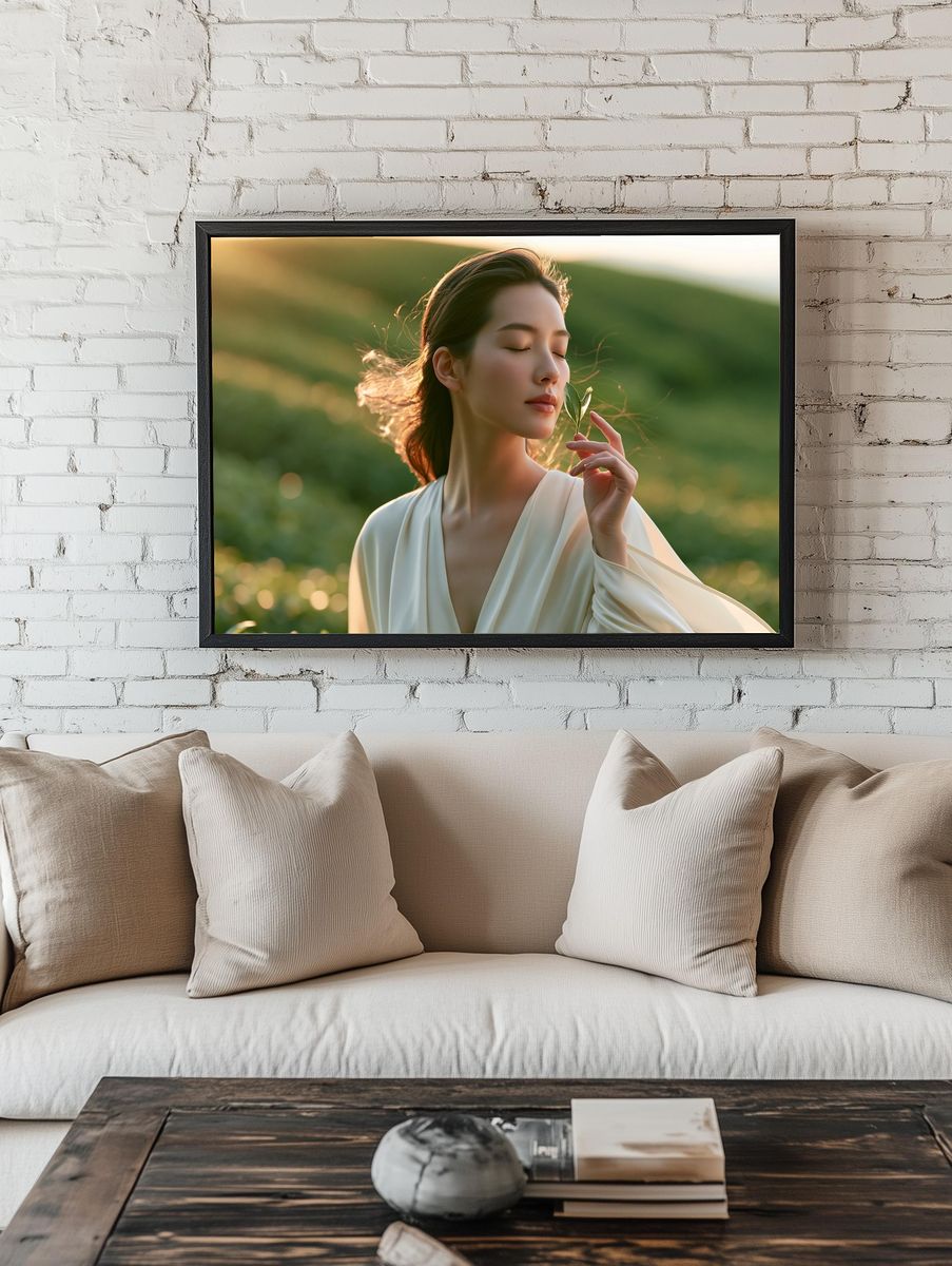 Serene Woman in Sunlit Meadow Poster. room preview
