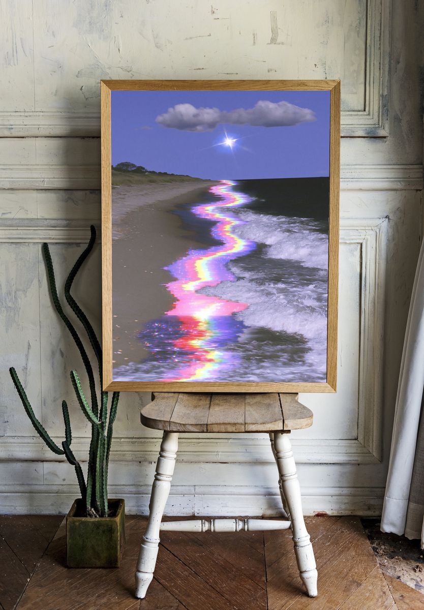 Glitchy Rainbow Shoreline Photography Poster. — room view 1
