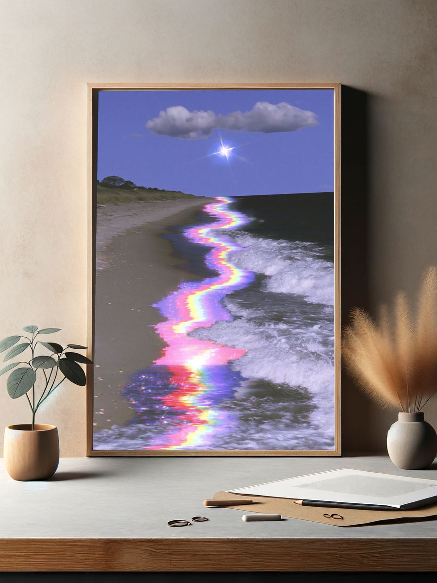 Glitchy Rainbow Shoreline Photography Poster. — room view 2