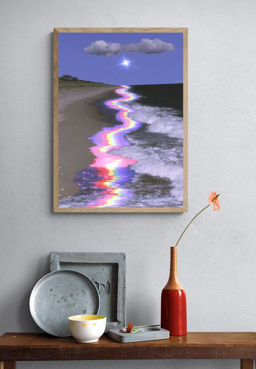 Glitchy Rainbow Shoreline Photography Poster. — room view 3
