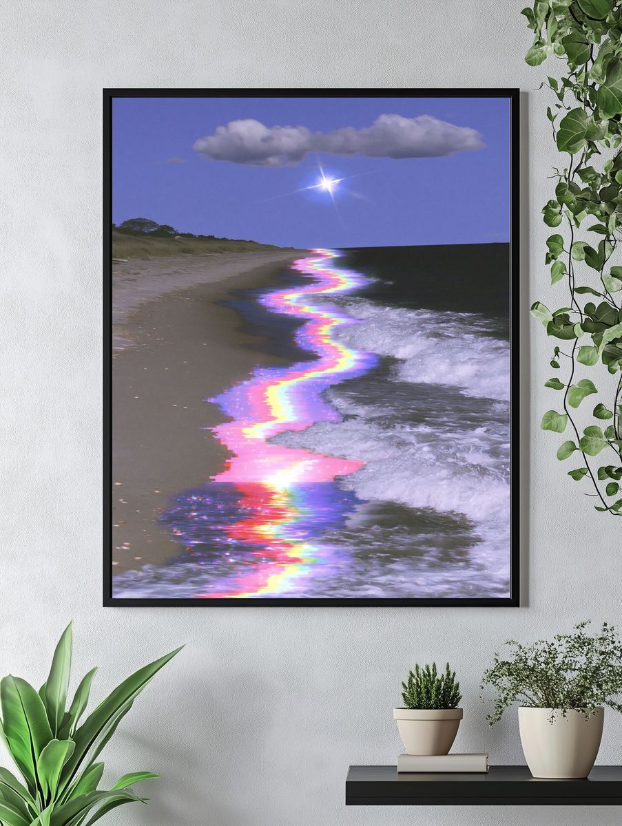 Glitchy Rainbow Shoreline Photography Poster. — room view 4