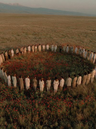 Circle of People in Meadow Photography Poster. poster print