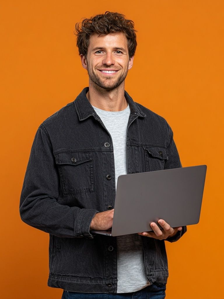 Smiling Man with Laptop Photography Poster. poster detail
