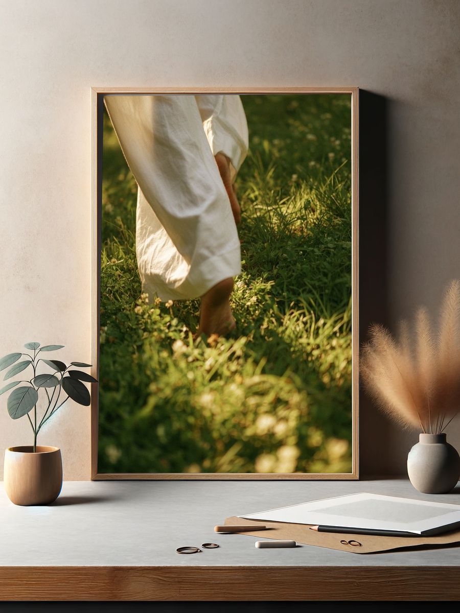 Barefoot Walk in Sunlit Grass Photography Poster. — room view 2