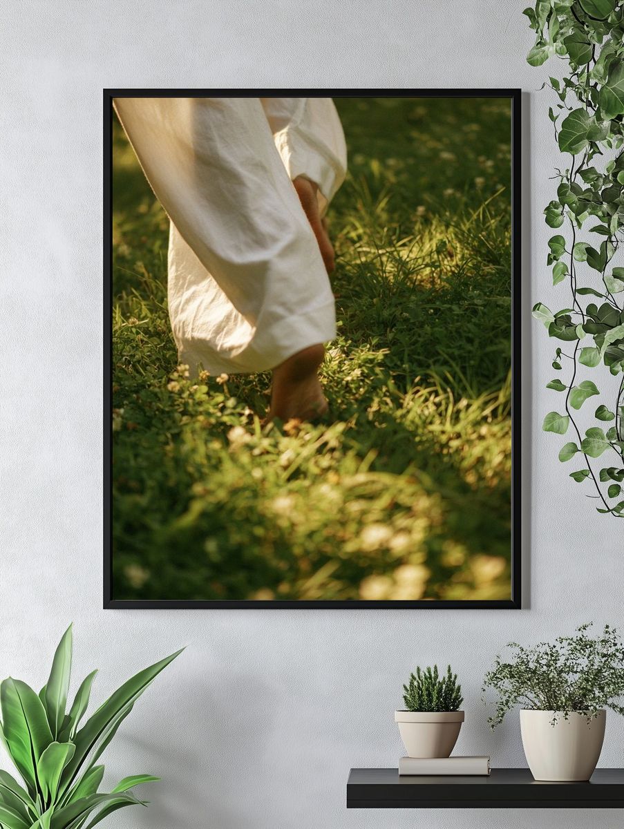 Barefoot Walk in Sunlit Grass Photography Poster. — room view 4