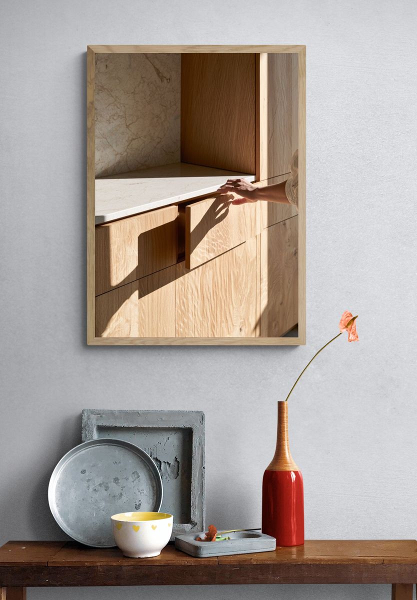 Sunlit Oak Cabinet Interior Photography Poster. — room view 3