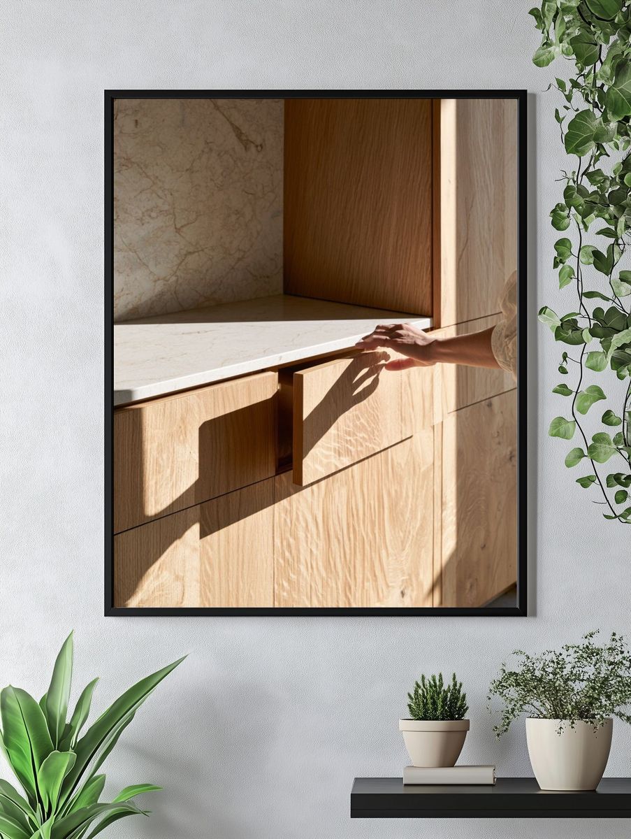 Sunlit Oak Cabinet Interior Photography Poster. — room view 4