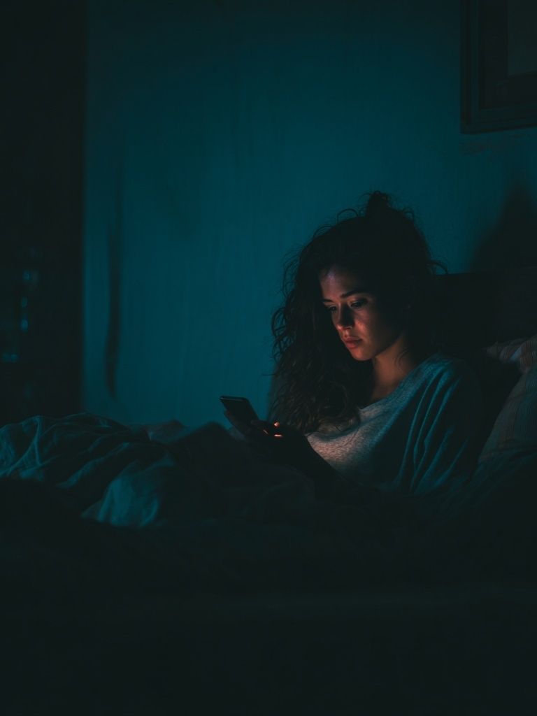 Woman Using Phone at Night — Photography Print. poster detail
